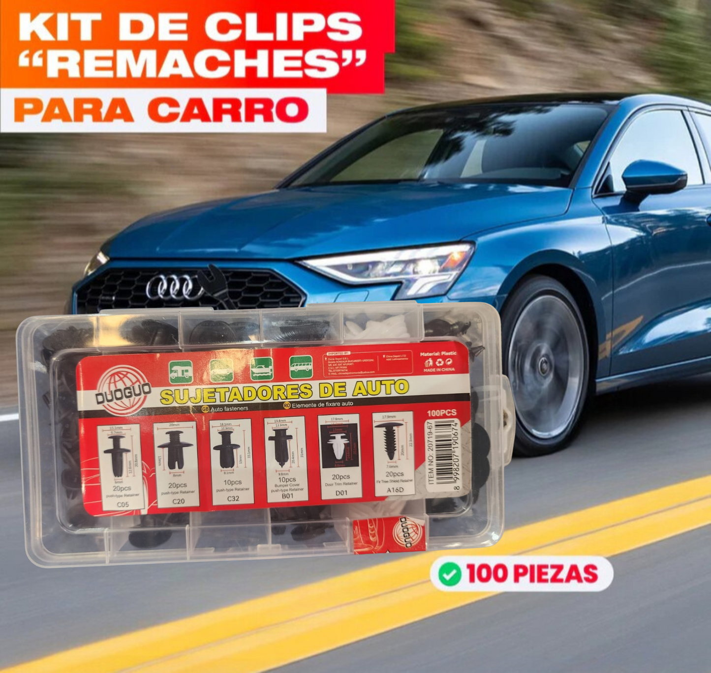 KIT DE CLIPS SUJETADORES PARA AUTO UNIVERSALES – 100 PIEZAS