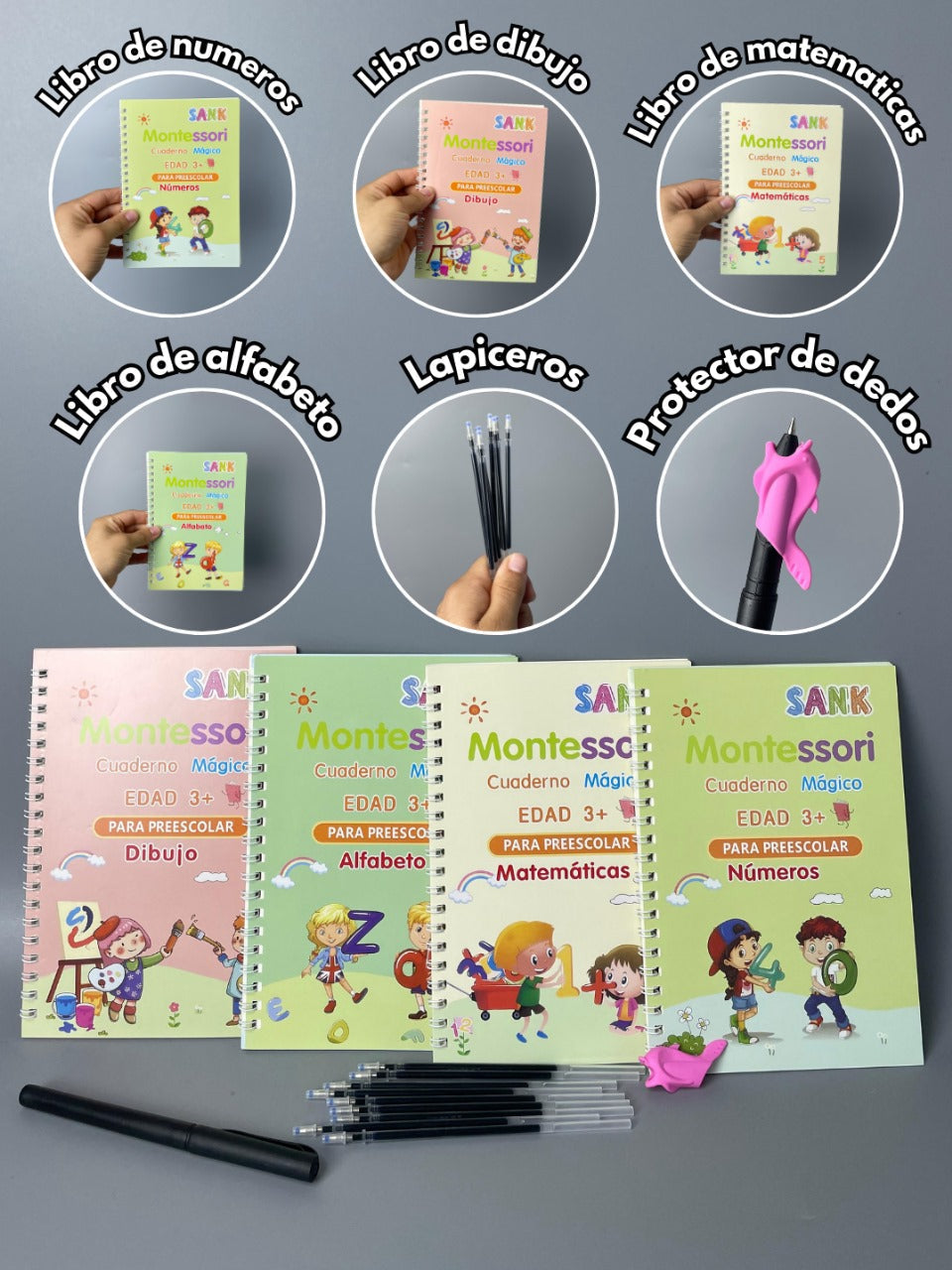SET DE 4 LIBROS REUTILIZABLES DE CALIGRAFÍA CON TINTA MÁGICA