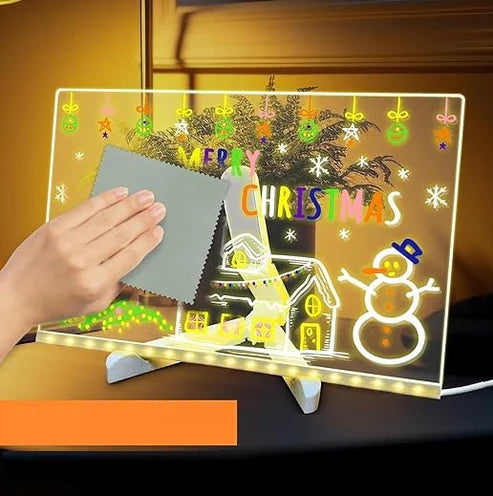 TABLERO DE MENSAJES ACRÍLICO LUMINOSO BORRABLE CON SOPORTE Y 7 BOLÍGRAFOS COLORIDOS