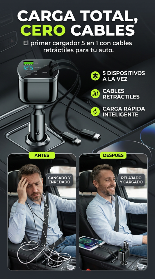 DRIVECHARGE 5X™ – CARGADOR DE AUTO 5 EN 1 CON CABLES RETRÁCTILES Y CARGA RÁPIDA
