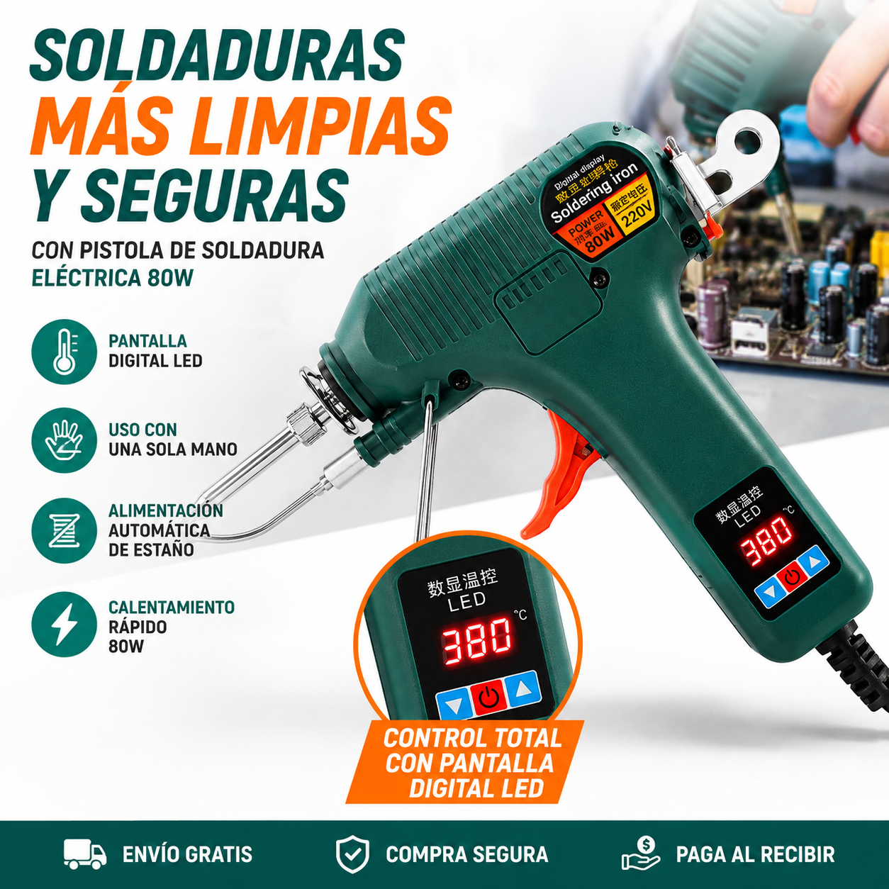 PISTOLA DE SOLDADURA ELÉCTRICA 80W CON PANTALLA DIGITAL LED