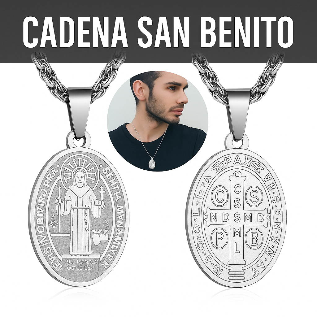 CADENA DE PROTECCIÓN ESPIRITUAL SAN BENITO EN ACERO INOXIDABLE