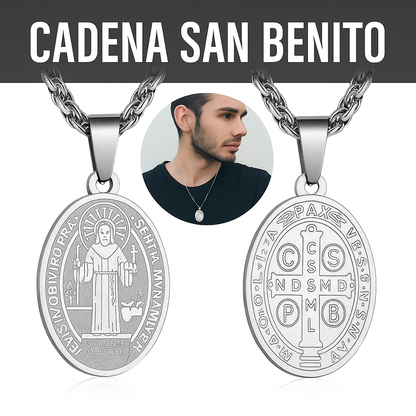 CADENA DE PROTECCIÓN ESPIRITUAL SAN BENITO EN ACERO INOXIDABLE