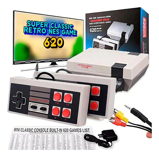 MINI CONSOLA RETRO 620 JUEGOS + 2 CONTROLES CLÁSICOS – PARA NIÑOS Y ADULTOS