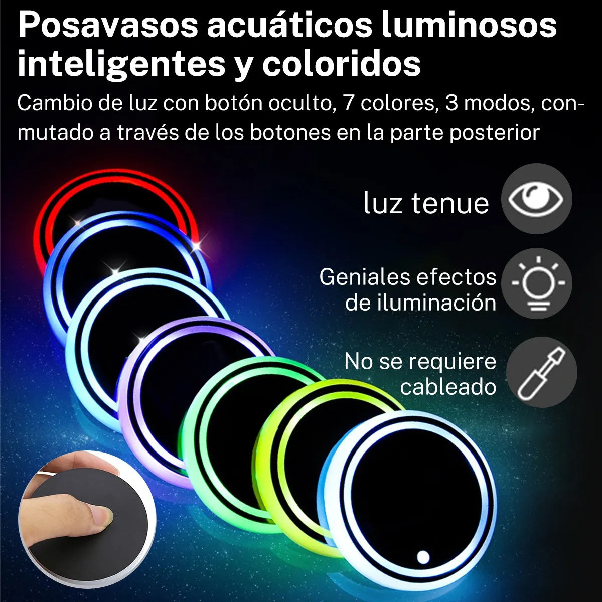 PORTAVASOS LED MULTICOLORES RECARGABLES PARA COCHE