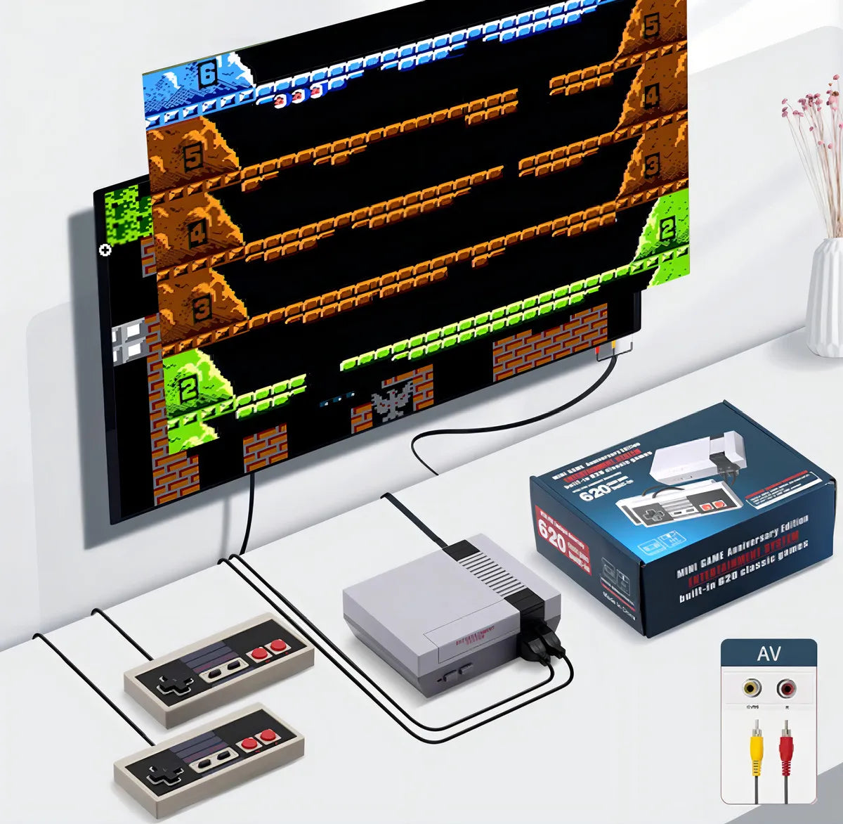 MINI CONSOLA RETRO 620 JUEGOS + 2 CONTROLES CLÁSICOS – PARA NIÑOS Y ADULTOS
