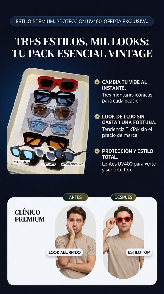 Pack x3 Lentes de Sol Vintage Rectangulares UV400