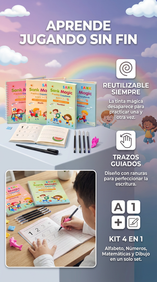 TRAZOMÁGICO™ – KIT EDUCATIVO REUTILIZABLE 4 EN 1: 4 CUADERNOS PARA PRACTICAR LETRAS, NÚMEROS, MATEMÁTICAS Y DIBUJO