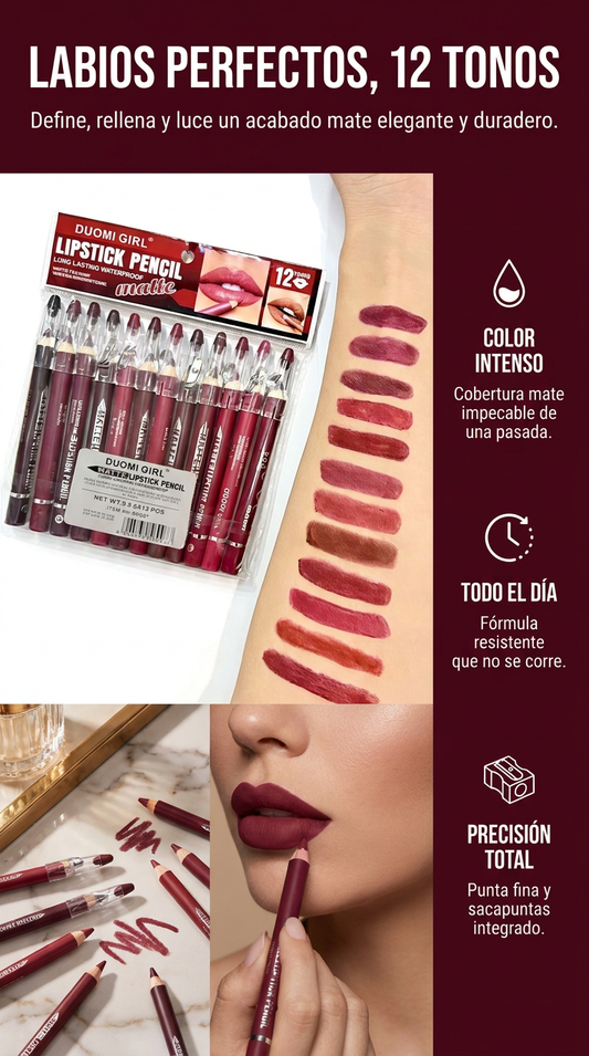 DUOLIP MATTE 12™: SET DE 12 LÁPICES LABIALES Y DELINEADORES MATE
