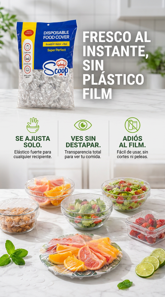 FRESHCOVER 100™ CUBIERTAS ELÁSTICAS PARA ALIMENTOS/ ESTIRA, CUBRE Y CONSERVA EN SEGUNDOS