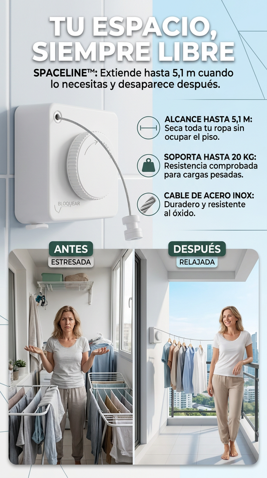 SPACELINE™ – TENDEDERO RETRÁCTIL DE ALTA RESISTENCIA/HASTA 5,1 M DE ESPACIO PARA SECAR TU ROPA SIN OCUPAR EL PISO