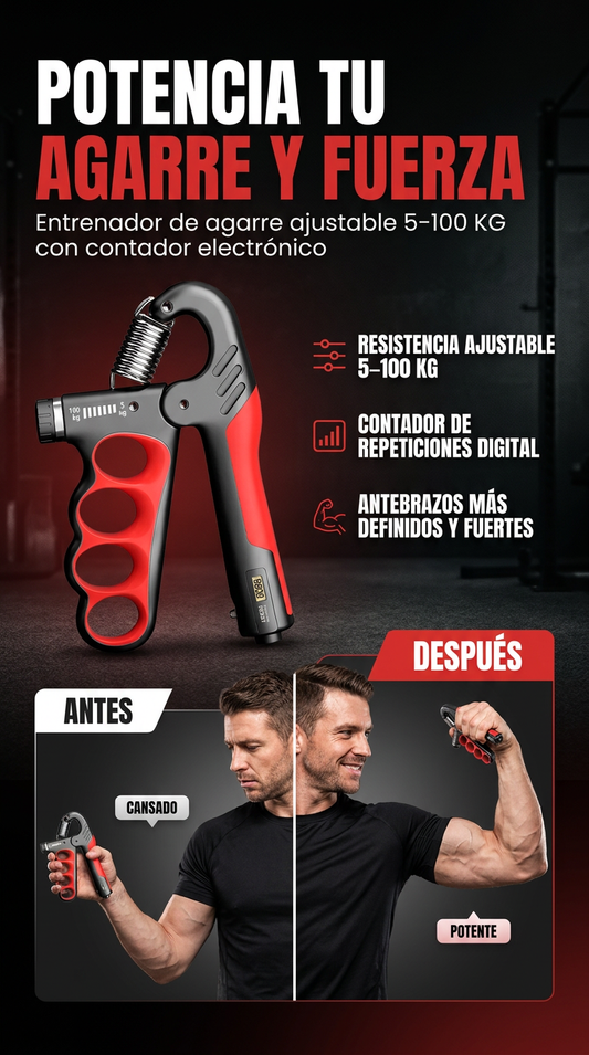 GRIPFORCE PRO™  ENTRENADOR DE AGARRE AJUSTABLE 5–100 KG CON CONTADOR ELECTRÓNICO